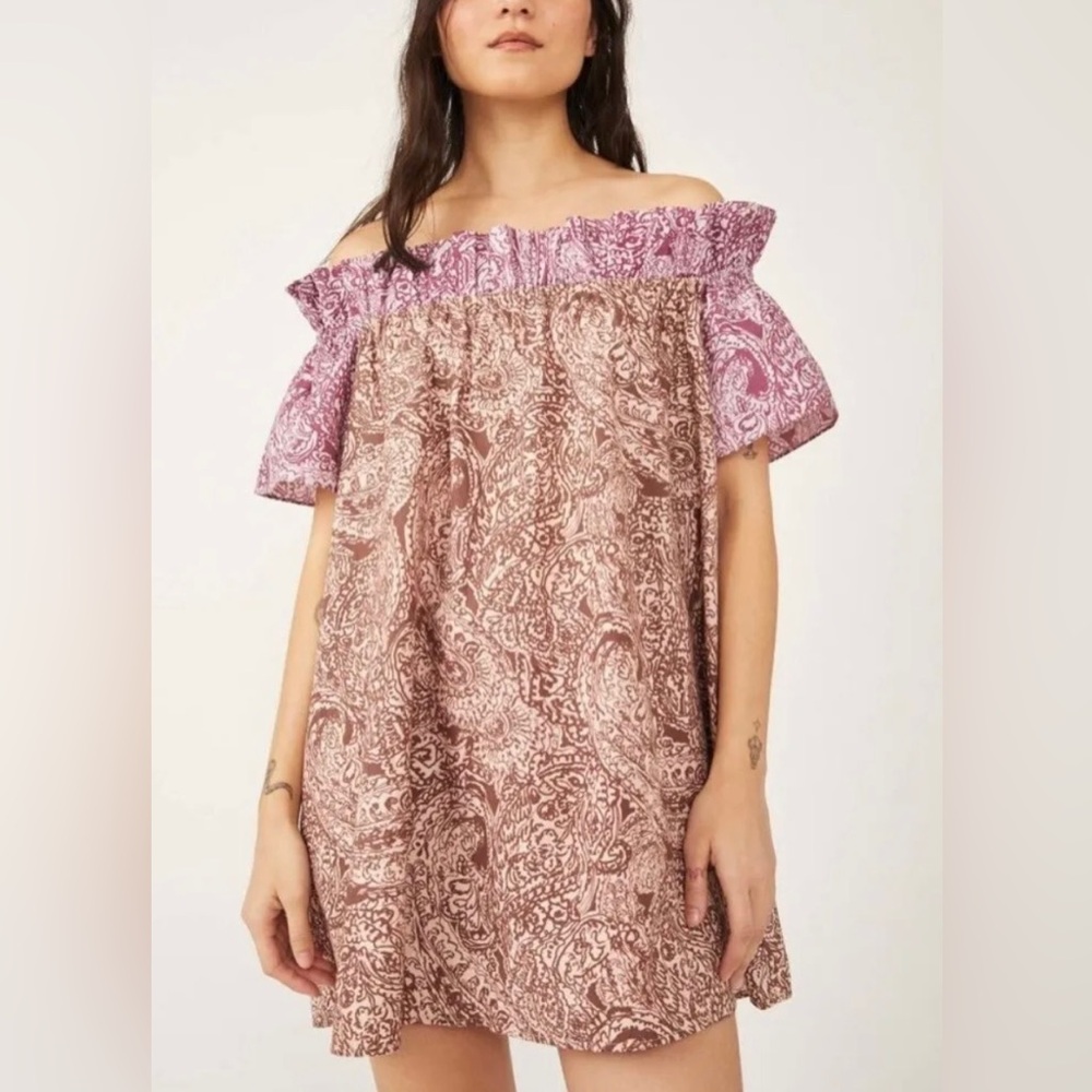 Free People Pink and Brown Off-Shoulder Dress